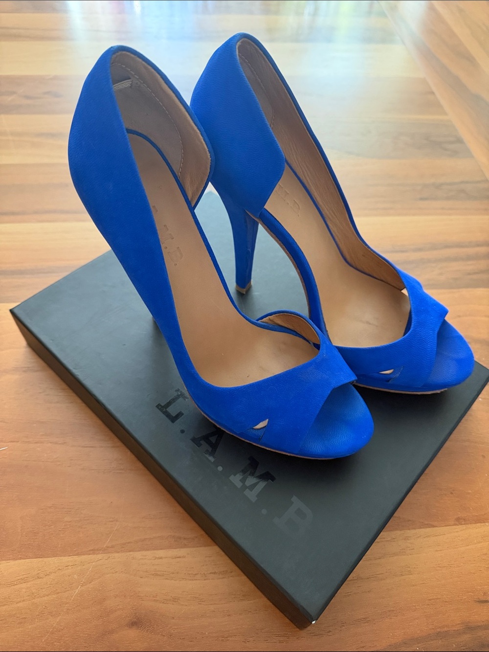 L.A.M.B. Cobalt Blue Peep-Toe Stiletto Heels
